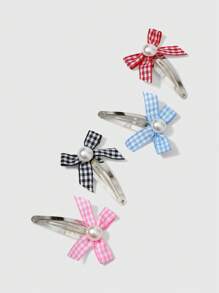 ROMWE Anime 4 Pieces Plaid Bow Hairpin, Multiple Pieces Metal Color BB Clip. - Multicolor - View 3