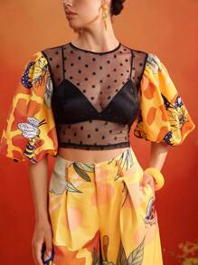 ISELACOS Frida Kahlo X SHEIN X Designer Polka Dot Transparent Mesh Printed Lantern Sleeves Sexy Top Women Summer Top - Multicolor - View 8