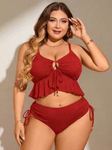 Swim Lushoire 大码女式露背坦基尼泳衣 - 紅色 - 查看 4