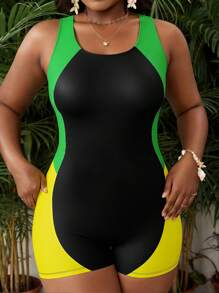 Slaydiva Plus Size Women's Solid Color Patchwork Fabric Sports Style Backless Monokini One-Piece Swimsuit For Summer Beach Vacation
