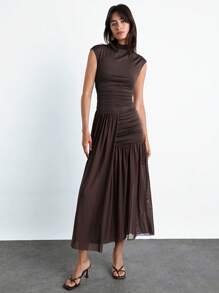 SHEIN X LOS FAVORITOS DE ANA GONZALEZ Maija Đầm nữ màu nâu mocha xếp lớp, phối lưới, kiểu dáng thời trang, thanh lịch, thích hợp cho tiệc tùng và đi làm trong thành phố, ra mắt mùa hè 2025. - màu nâu - Xem 3