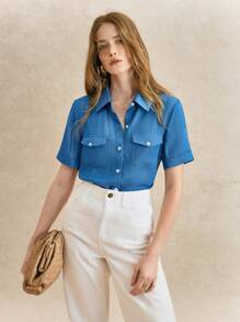 Écloséra Cardigan retro francez la modă, casual, minimalist, versatil, cu guler răsturnat, mânecă scurtă, moale și confortabil, din in Tencel, pentru femei, primăvară/vară, albastru - Bleu - Vizualizare 6