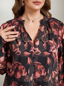 EMERY ROSE Plus Size Women's Elegant Chiffon Floral Button-Up Loose Long Sleeve Shirt With Contrast Lace And Ruffle Cuffs In Metallic Colors - Multicolor - View 7