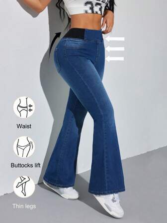SHEIN PETITE Women's Blue Jeans Skinny Flared Pants Comfortable High Elastic Denim Summer Office Wear Siren Style