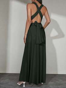 EURMUSE 女士优雅纯色不对称肩部收腰连衣裙 - 軍綠色 - 查看 2