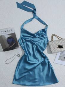 INAWLY 蓝色缎面垂坠领口露背吊带裙，迷人性感系带迷你裙