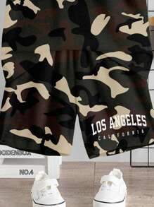 SHEIN Leap Crew 2 件套年轻男孩休闲经典迷彩和洛杉矶城市名称印花圆领短袖 T 恤和短裤，适合夏季 - 彩色 - 查看 5