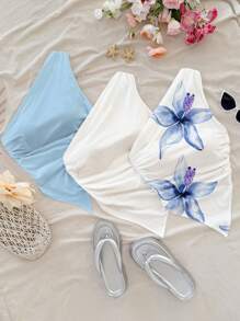 Soleia 3pcs Women Casual Ruched Asymmetric Hem Bodycon Top Set, Suitable For Summer, Holiday, Floral Print Suitable For Going Out - Blue - View 4