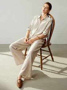 Uhlyne 女士春秋休闲通勤日常杏色亚麻长袖宽松两件套西装 - 杏色 - 查看 3