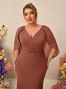 SHEIN Belle Vestido largo de dama de honor de tela de gasa con volantes, cuello en V y borde de cola de sirena, elegante y romántico, talla grande
