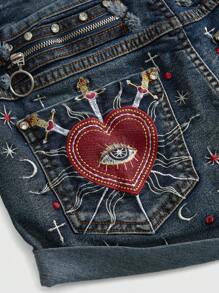 ROMWE Fairycore Plus Size Low Waist Denim Shorts With Heart, Gemstone, Crystal & Star Embroidery Details - Blue - View 2