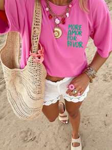 DrmWander Camiseta de manga corta casual de verano con estampado de letras para tallas grandes