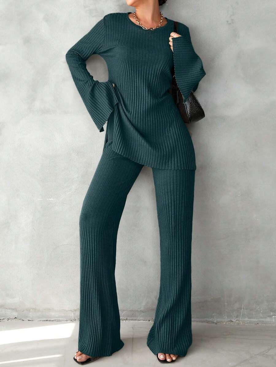 EURMUSE 2pcs Women Solid Color Ribbed Long Sleeve Shirt And Pants Casual Suit - Army Green - View 1