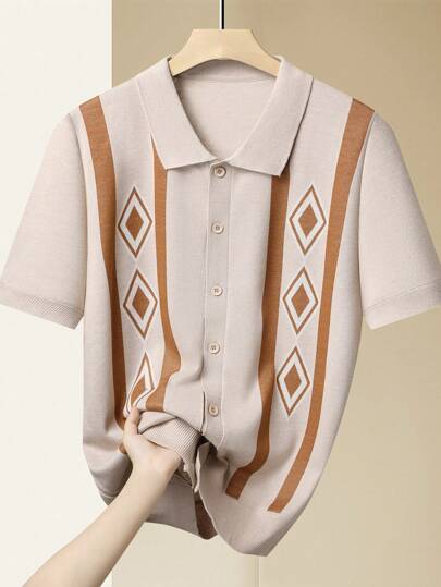 Manfinity Homme Heren gebreid vest met geometrische en gestreepte voorkant en korte mouwen