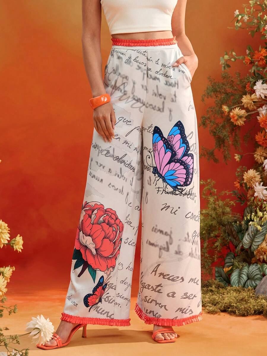 KATHARSIS Frida Kahlo X SHEIN X Designer Summer Floral Printed High-Waist Flared Wide Leg Long Pants With Frill Trim - Multicolor - View 1
