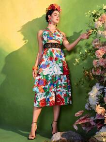Redefinition Frida Kahlo X SHEIN X Designer 花卉印花蕾丝镂空分层无袖中长连衣裙，适合女士夏季度假 - 彩色 - 查看 7