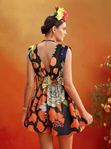 Frida Kahlo X SHEIN X Designer ISELACOS Mono de verano para mujer con cuello en V profundo, sin mangas, cordón ajustable y estampado completo