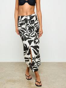 AiiRZ Tropical Print Sarong Pareo Wrap Maxi Skirt Beachwear Resort Wear Summer Vacation Cover Up Holiday Wear - Black and White - View 1
