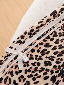 SHEIN 2 件套女婴夏季服装：圆领短袖豹纹蝴蝶结上衣和宽松豹纹直筒裤，带蝴蝶结装饰，复古休闲风格 - 彩色 - 查看 6