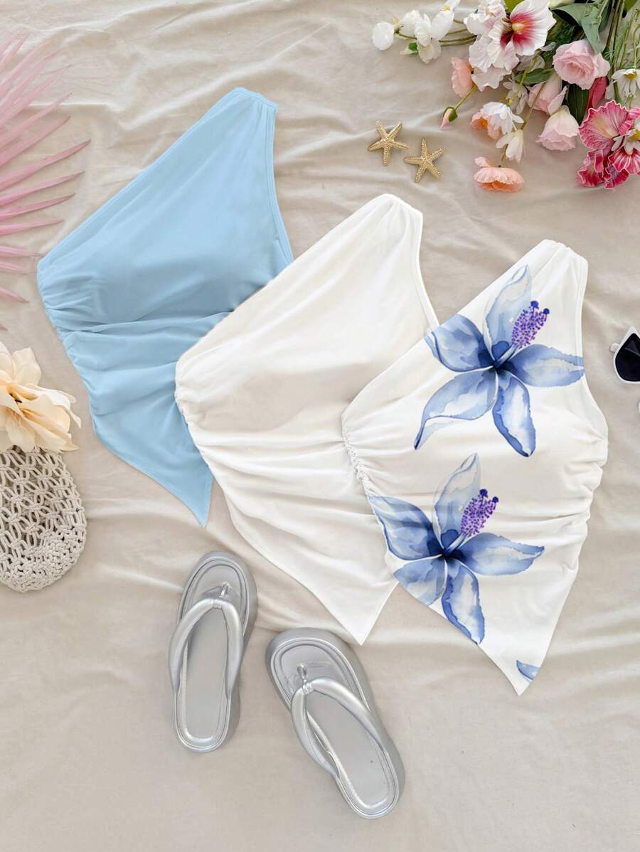 Soleia 3pcs Women Casual Ruched Asymmetric Hem Bodycon Top Set, Suitable For Summer, Holiday, Floral Print Suitable For Going Out - Blue - View 1
