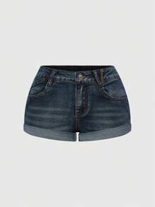 ROMWE Fairycore Plus Size Low Waist Denim Shorts With Heart, Gemstone, Crystal & Star Embroidery Details - Blue - View 4