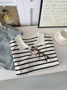 DAZY Women Collared Striped Pullover Short Sleeve Sweater - White - View 4