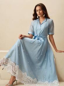 Anewsta 女式透明不对称下摆长裙，镂空短袖设计 - 藍色 - 查看 7