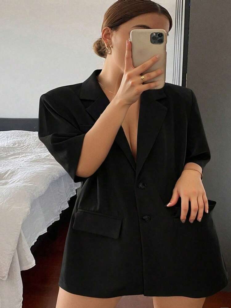 Dazy Plus Plus Size Solid Color Turndown Collar Loose Pocket Short Sleeve Black Jacket Suit Women Plus Clothing Formal Business Attire