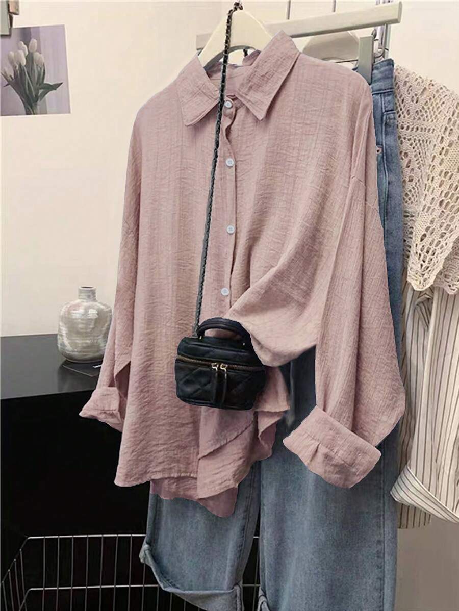 INAWLY Áo sơ mi dài tay cài nút màu trơn đơn giản thường ngày dành cho nữ - Hồng - Xem 1