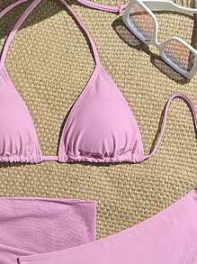 Zestiva 3pcs/Set Solid Color Textured Bikini Swimsuit For Beach Vacation For Summer