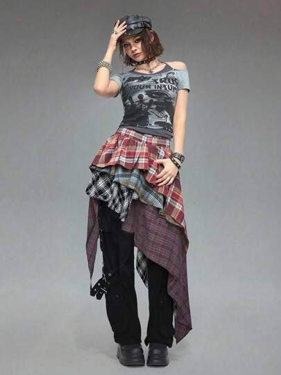 Grunge Punk تنورة ميني متدرجة الكشكشة بنمط الرقعة غير المتماثل، جرانج رترو أنيق للسيدات