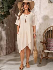 EMERY ROSE 加大码宽松落肩短袖开衩下摆口袋圆领亚麻中长连衣裙，休闲波西米亚风格适合音乐节，春夏季阔腿波西米亚风女式夏季连衣裙西方女装度假，飘逸连衣裙亚麻女式夏季不对称连衣裙 - 杏色 - 查看 4