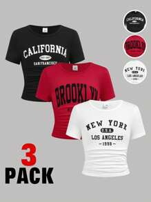 SHEIN Girlism 3-Pack Tween Girls Casual Round Neck Fitted Waist Ruched Front Print T-Shirts In Red, White And Black, School, Campus, College - Multicolor - View 1