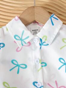 SHEIN Baby Girls' White Summer Cute Family Matching Korean Fashion Puff Sleeve Digital Print Bowknot Woven Shirt & Solid Color Bowtie Shorts 2Pcs Outfit - Purple - View 3