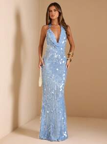 SHEIN BAE Váy Maxi sequin dự tiệc mùa hè hở lưng màu xanh lam, cổ yếm bất đối xứng, trang trí khóa kim loại hở lưng, váy Maxi dự tiệc sequin lấp lánh, váy dự tiệc, váy ôm sát, trang phục câu lạc bộ gợi cảm cho phụ nữ - Màu xanh nhạt - Xem 3