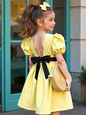 Elladie kids فستان بأكمام منتفخة موحد اللون حلو للبنات، فيونكة قابلة للإزالة في الظهر، للأوقات الحرة والعطلات، صيف