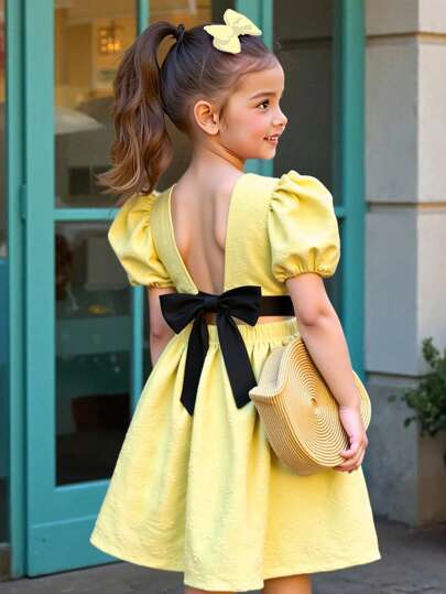 Elladie kids Vestido de niña de manga abultada de color liso y dulce, con lazo desmontable en la espalda, para uso en tiempo libre y vacaciones, para verano