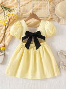 Elladie kids Elladie 女童优雅甜美泡泡袖连衣裙，黄色提花面料，柔软舒适，后背蝴蝶结装饰可拆卸，适合休闲、时尚、旅行、日常穿着、运动、上学、聚会、生日礼物、度假风、夏季装扮、毕业礼服等场合，优雅百搭。 - 黃色 - 查看 3