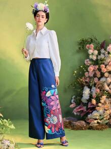 Frida Kahlo X SHEIN X Designer Israel Jasso White Floral Print Buttons Puffed Long Sleeves Pockets Shirt Women Summer Vacation