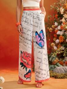 KATHARSIS Frida Kahlo X SHEIN X Designer Summer Floral Printed High-Waist Flared Wide Leg Long Pants With Frill Trim - Multicolor - View 4