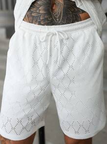 Manfinity Homme Men's Solid Color Short Sleeve Shirt With Hollow Embroidered Pocket Shorts Set Men Two Pieces Set Summer Men 2 Pieces Outfits White Men Shirt And Shorts Set Beach Clothes For Men White Cream Crochet Men's Short Set,A Great Gift For A Boyfriend Or Husband. - White - View 6