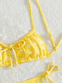 Swim Mod Women Summer Beach Vacation Jacquard Fabric Drawstring Crop Top Yellow Bikini Set - Yellow - View 5