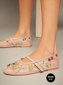 SHUZIA Wide-Fit Women's Closed Round Toe Embroidery Lace Flat Dress Shoes Wide Fit - Beige - View 2