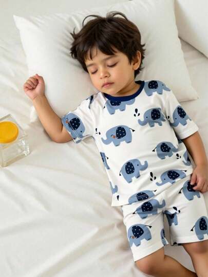 2pcs Young Boy Loose Casual Home Outfit Set With Cute Elephant Print, Suitable For Home Wear
