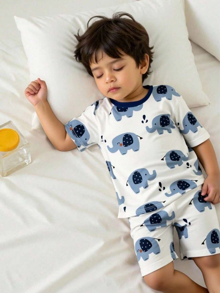 2pcs Young Boy Loose Casual Home Outfit Set With Cute Elephant Print, Suitable For Home Wear