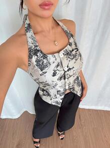 Chiquease Fashion Temperament Halterneck Sleeveless Backless Jacquard Vest Elastic Waist Black Long Wide-Leg Pants Ladies Spring And Summer Two-Piece Set Retro Ladies Casual Suit July 4th