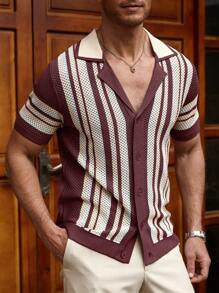Manfinity CityGents Camiseta de punto de cuello redondo de manga corta con rayas verticales de contraste para hombre, de verano