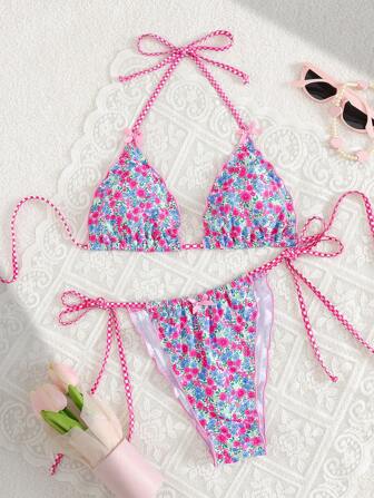 Swim Mod Ensemble bikini 2 pièces avec décor de volants à nœud en contraste de couleur imprimé floral mignon pour les vacances d'été, pour dames