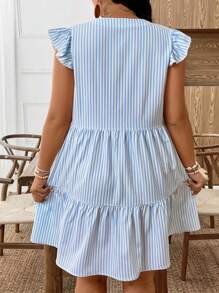 Weeklong Plus Size Women Striped & Floral Print Elegant Sweet Casual Commute V-Neck Ruffle Dress, Spring Dress - Blue and White - View 2