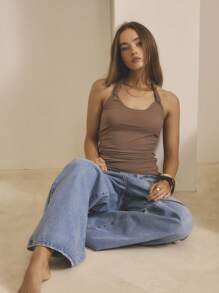 Aralina 褶饰挂脖弹力面料修身轻便休闲夏季女式上衣 - 棕色 - 查看 8